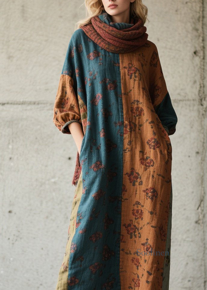DIY Print Fuzzy Fur Fluffy Patchwork Cotton Long Dress Fall