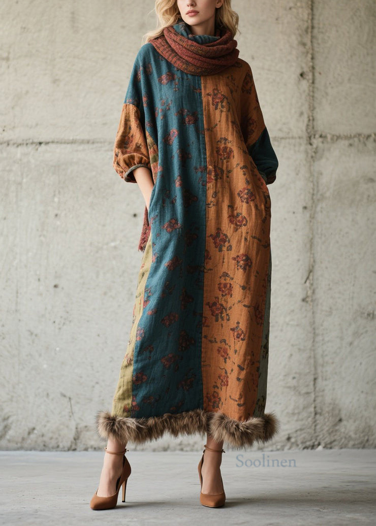 DIY Print Fuzzy Fur Fluffy Patchwork Cotton Long Dress Fall