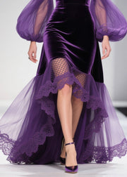 DIY Purple Exra Large Hem Patchwork Tulle Maxi Dresses Lantern Sleeve