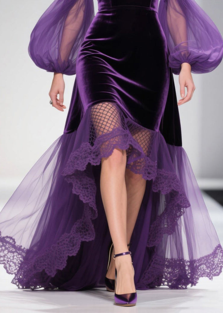 DIY Purple Exra Large Hem Patchwork Tulle Maxi Dresses Lantern Sleeve