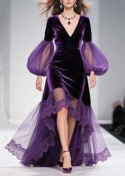 DIY Purple Exra Large Hem Patchwork Tulle Maxi Dresses Lantern Sleeve