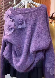 DIY Purple O-Neck Floral Knitted Tops Winter