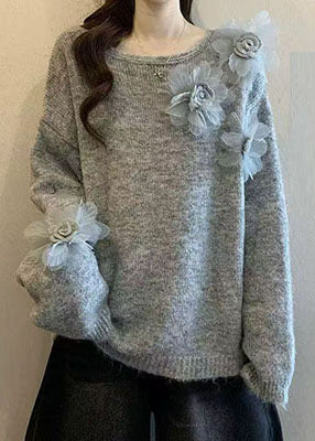 DIY Purple O-Neck Floral Knitted Tops Winter