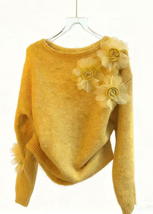 DIY Purple O-Neck Floral Knitted Tops Winter