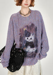 DIY Purple Oversized Print Knitted Tops Winter
