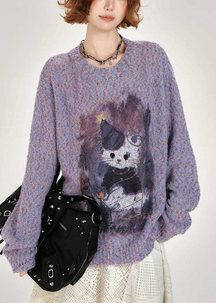 DIY Purple Oversized Print Knitted Tops Winter