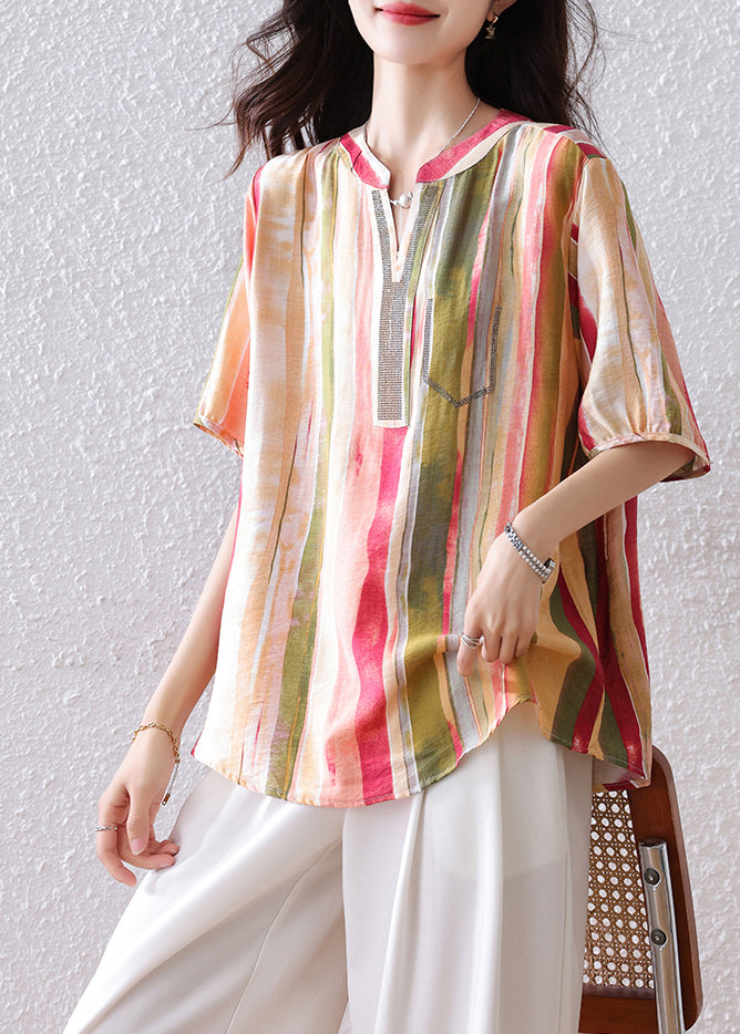 DIY Rainbow V Neck Striped Cotton Top Half Sleeve