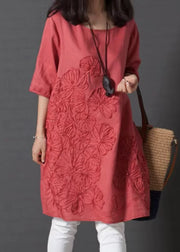 DIY Red Embroidered Linen Day Dress Half Sleeve