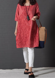 DIY Red Embroidered Linen Day Dress Half Sleeve