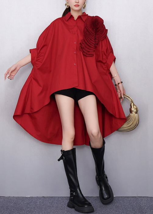 DIY Red Floral Low High Design Cotton Long Shirts Batwing Sleeve