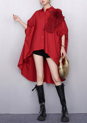 DIY Red Floral Low High Design Cotton Long Shirts Batwing Sleeve