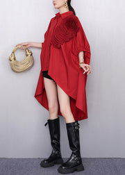 DIY Red Floral Low High Design Cotton Long Shirts Batwing Sleeve