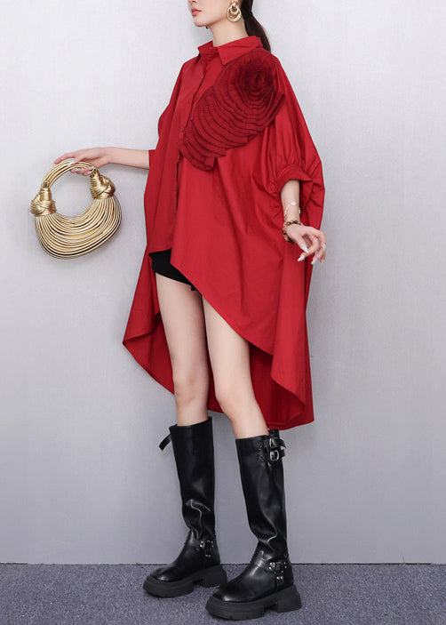 DIY Red Floral Low High Design Cotton Long Shirts Batwing Sleeve