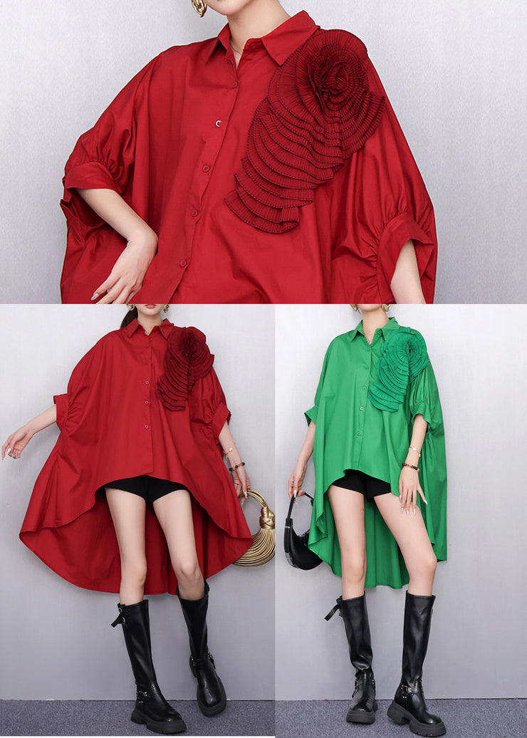 DIY Red Floral Low High Design Cotton Long Shirts Batwing Sleeve