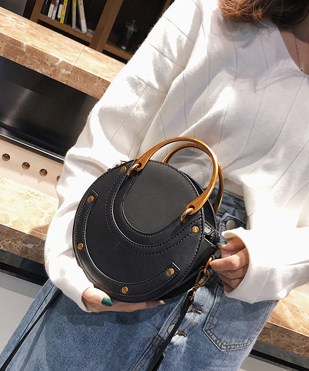 DIY Rivet Solid Durable Faux Leather Tote Handbag Round Bag
