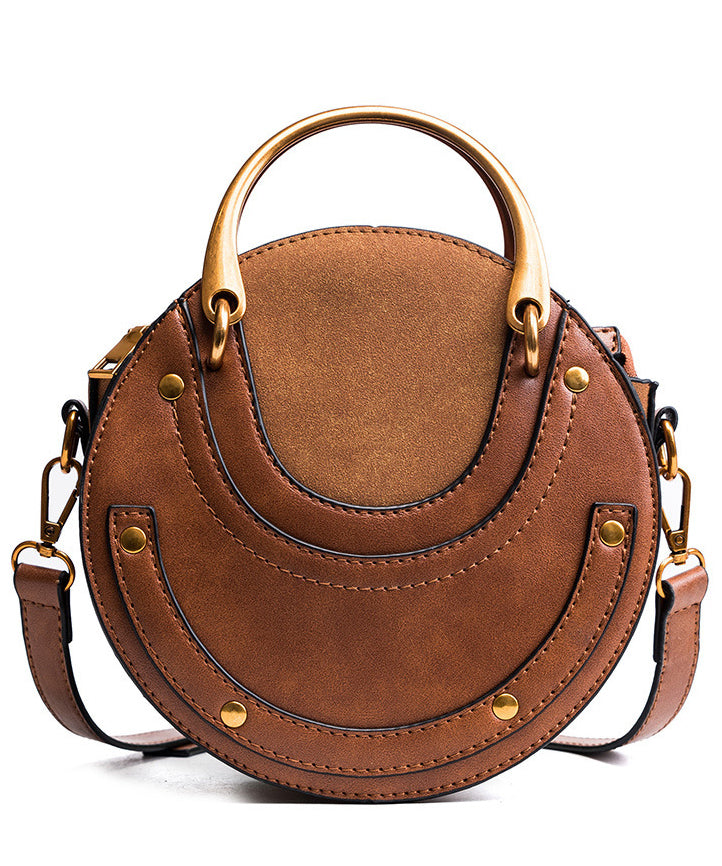 DIY Rivet Solid Durable Faux Leather Tote Handbag Round Bag