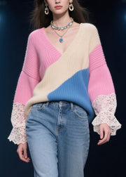 DIY Rose Asymmetrical Patchwork Lace Knit Tops Winter