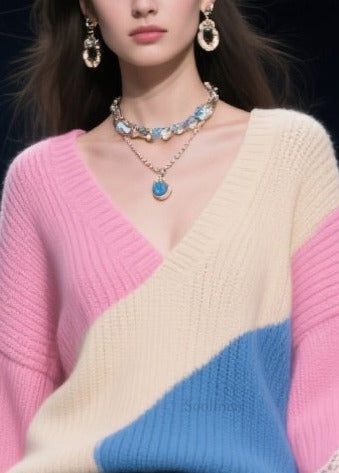 DIY Rose Asymmetrical Patchwork Lace Knit Tops Winter