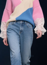 DIY Rose Asymmetrical Patchwork Lace Knit Tops Winter