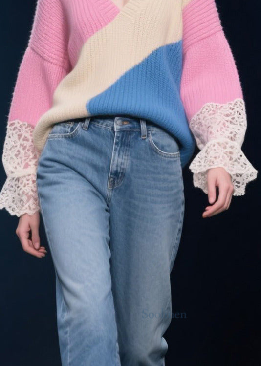 DIY Rose Asymmetrical Patchwork Lace Knit Tops Winter