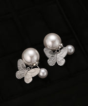 DIY Silk Copper Overgild Pearl Butterfly Stud Earrings