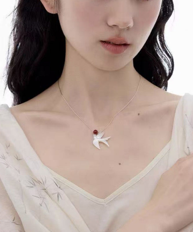 DIY Silk Sterling Silver Agate Shell Young Swallow Pendant Necklace