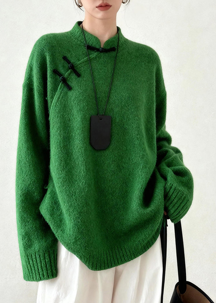 DIY Tea Green Mandarin Collar Chinese Button Knit Sweater Tops Winter