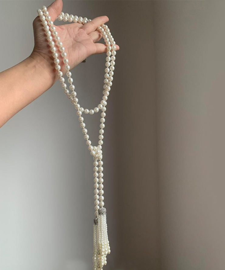 DIY White Alloy Pearl Tassel Gratuated Bead Necklace