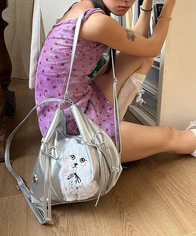 DIY White Cat Appliqued Faux Leather Versatile Shoulder Bags