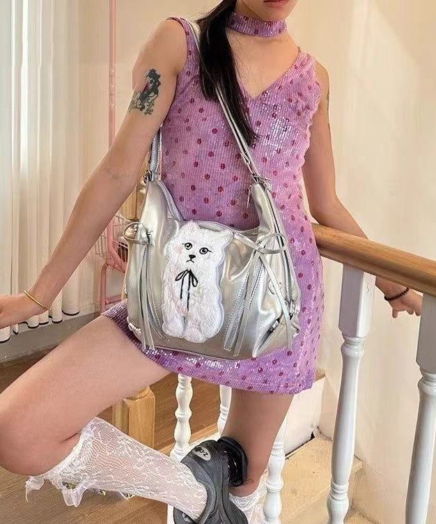 DIY White Cat Appliqued Faux Leather Versatile Shoulder Bags