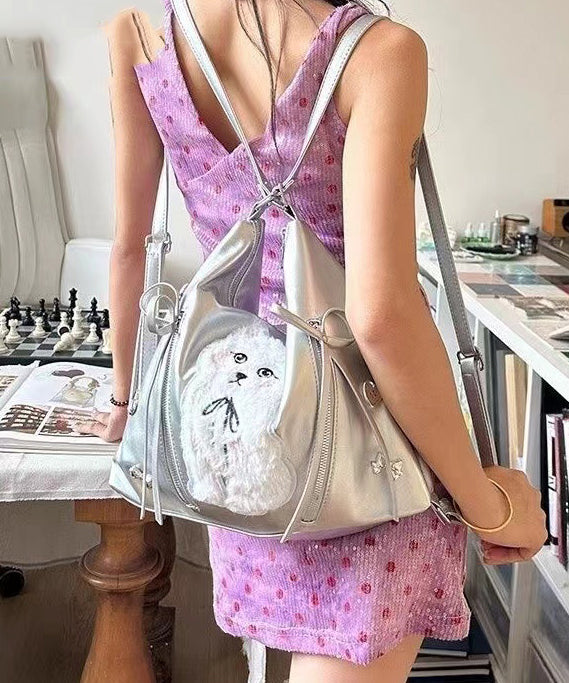 DIY White Cat Appliqued Faux Leather Versatile Shoulder Bags