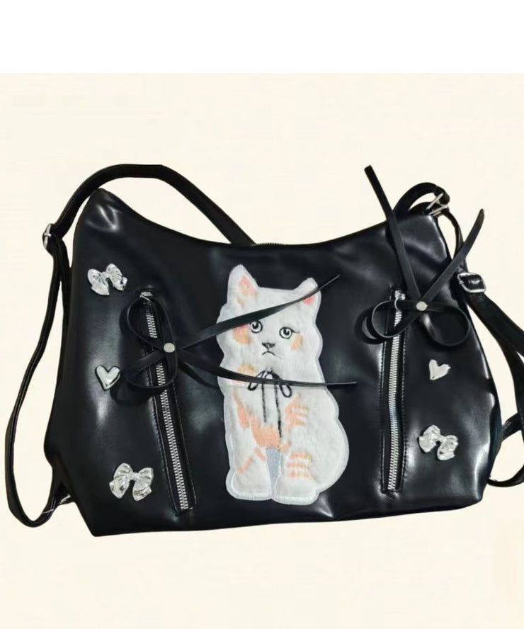 DIY White Cat Appliqued Faux Leather Versatile Shoulder Bags