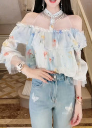 DIY White Cold Shoulder Tasseled Chiffon Halter Tops Summer