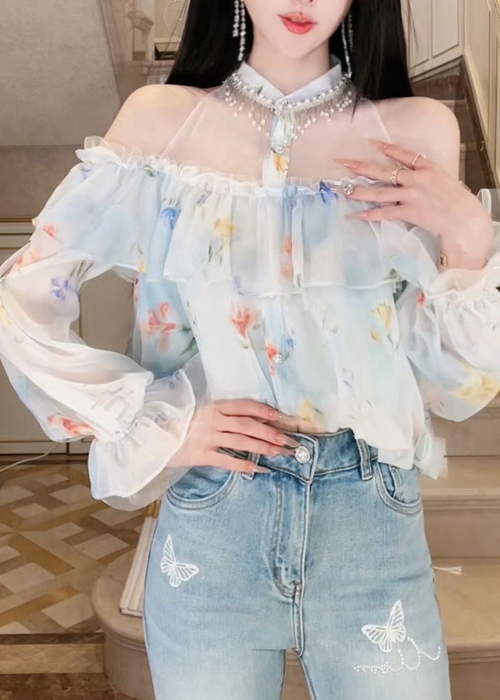 DIY White Cold Shoulder Tasseled Chiffon Halter Tops Summer