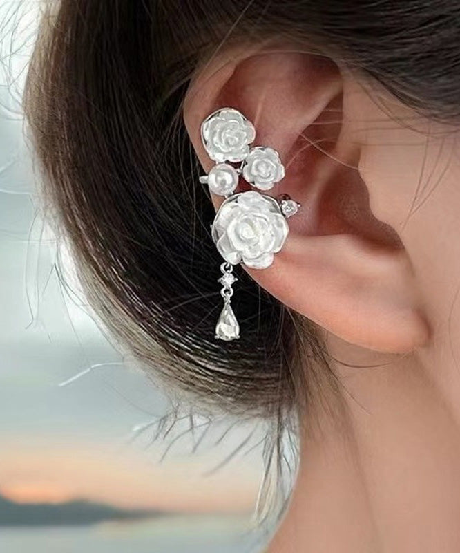 DIY White Copper Zircon Asymmetrical Rose Pearl Tassel Drop Earrings