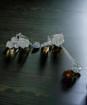 DIY White Copper Zircon Asymmetrical Rose Pearl Tassel Drop Earrings