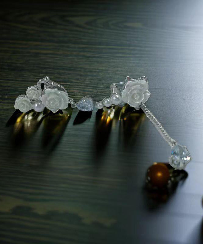 DIY White Copper Zircon Asymmetrical Rose Pearl Tassel Drop Earrings