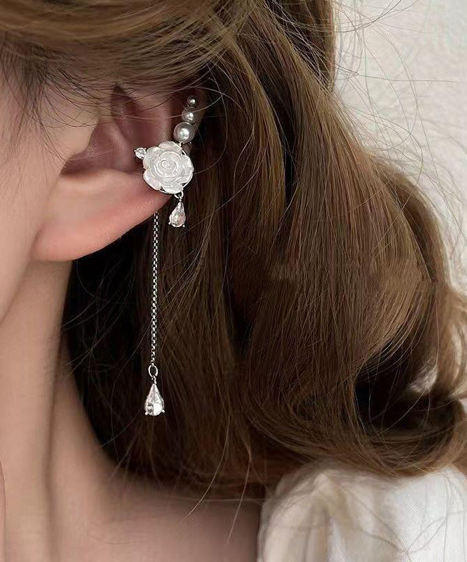 DIY White Copper Zircon Asymmetrical Rose Pearl Tassel Drop Earrings