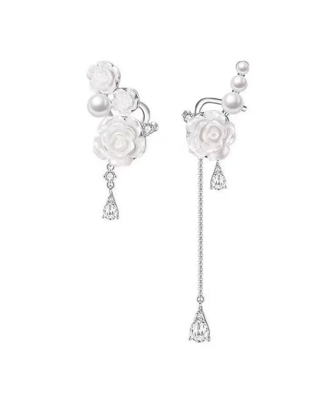 DIY White Copper Zircon Asymmetrical Rose Pearl Tassel Drop Earrings