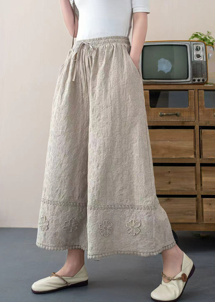 DIY White Embroidered Floral Cotton Crop Pants Trousers Summer
