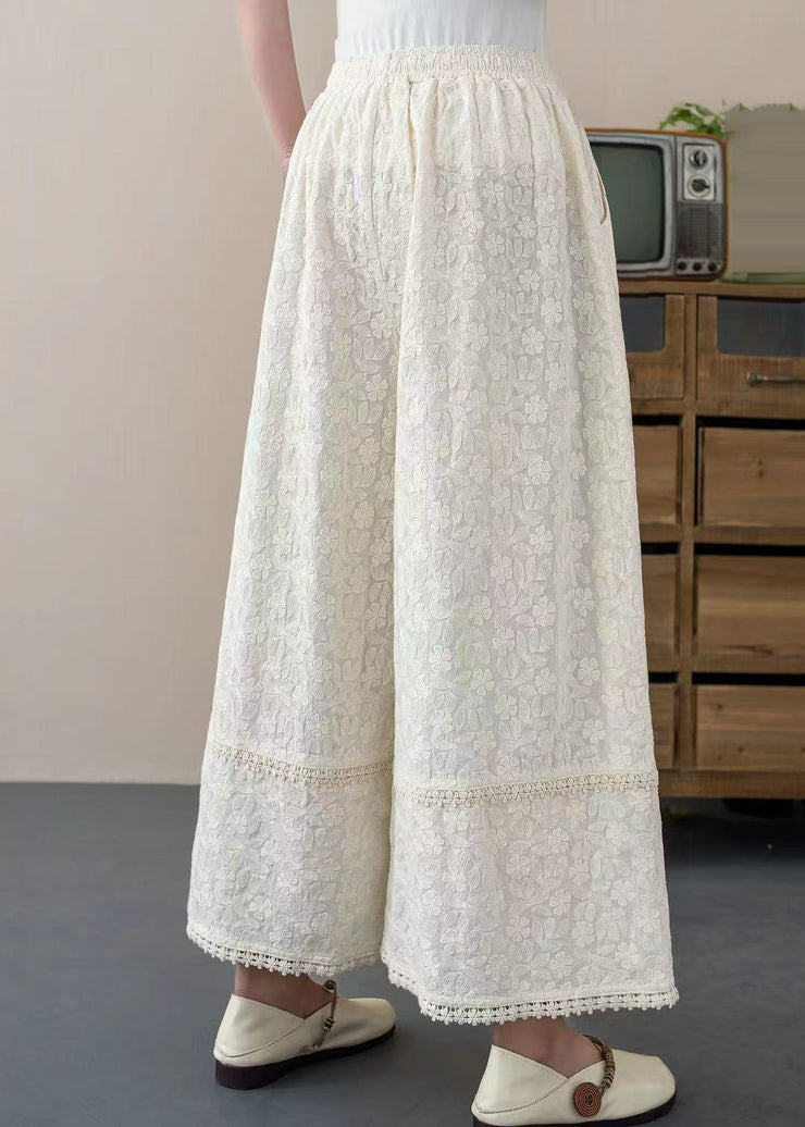 DIY White Embroidered Floral Cotton Crop Pants Trousers Summer