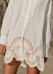 DIY White Hollow Out Wrinkled Cotton Long Shirts Spring