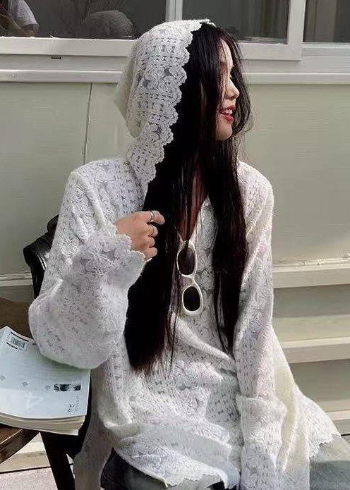 DIY White Hooded Jacquard Lace Pullover Sweatshirt Fall