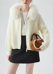 DIY White Hooded Patchwork Fox Fur Knit Cardigans Winter