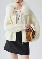 DIY White Hooded Patchwork Fox Fur Knit Cardigans Winter