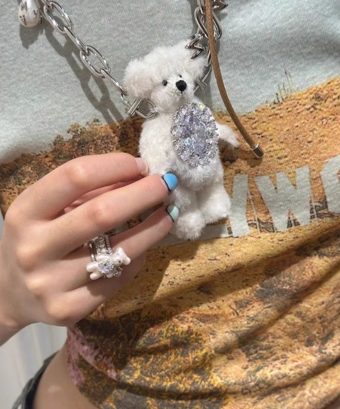 DIY White Stainless Steel Zircon Layered Little Bear Rings