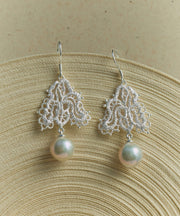 DIY White Sterling Silver Lace Pearl Drop Earrings