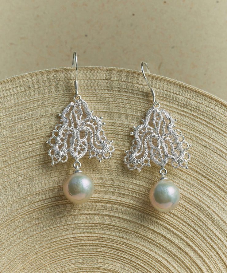 DIY White Sterling Silver Lace Pearl Drop Earrings