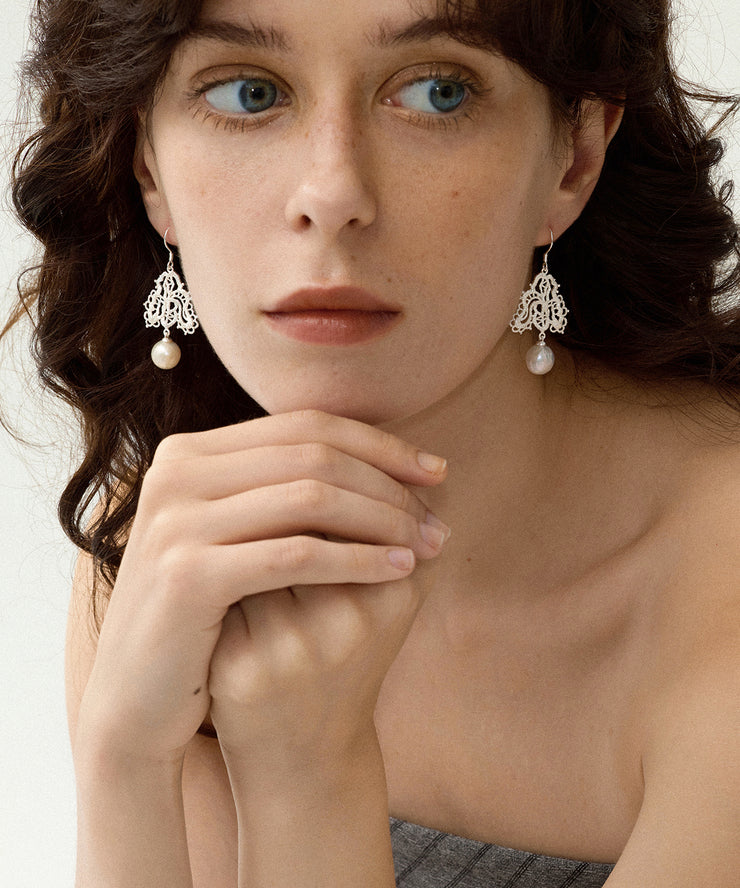 DIY White Sterling Silver Lace Pearl Drop Earrings