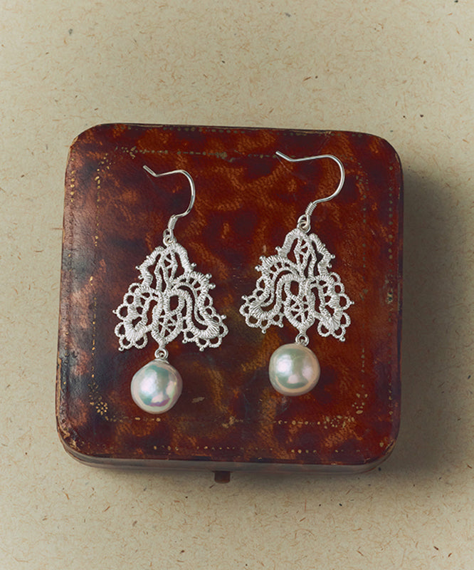 DIY White Sterling Silver Lace Pearl Drop Earrings